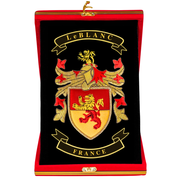 Family Heritage Commemorative Display at My Lineage – Custom hand-stitched display featuring your chosen image, such as a family coat of arms or military insignia