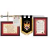 Sword and Banner Set – Includes a custom family heritage sword, coat of arms banner, framed surname history, and detailed explanation of symbols.