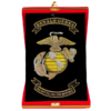 Military Service Commemorative Display: Custom hand-stitched military insignia and family coat of arms on velvet, framed in cherry wood with detailed explanations.