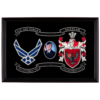 Legacy on Display – US Air Force: Custom hand-stitched display of Air Force insignia and family coat of arms, framed in a cherry wood shadow box with detailed explanations