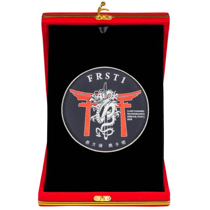 Military Service Commemorative Display: Personalized hand-stitched display of military and family symbols