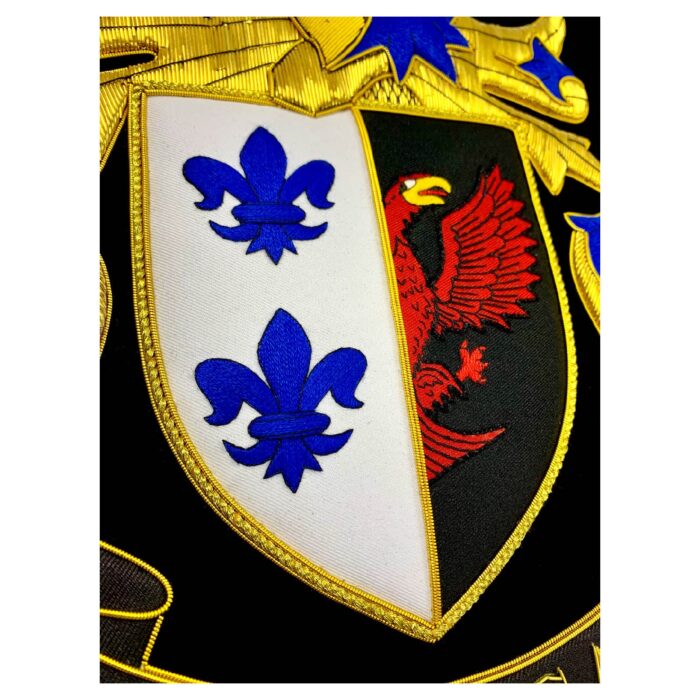 My Lineage Banner & Map Set – Elegant velvet display featuring your family coat of arms, complete with a banner, personal history, and coat of arms details