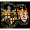 Double Embroidery Set – Unique hand-stitched set featuring two family coats of arms in gold and silk, framed with detailed histories and coat of arms explanations