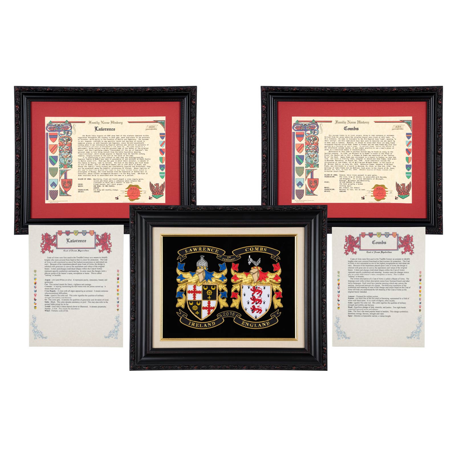 Double Embroidery Set – Custom hand-stitched double coat of arms with gold bullion thread and French silk, framed with two family histories and explanations.