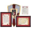 Shield & Map Set by My Lineage, Custom hand-painted family coat of arms shield, highlighting traditional heraldry used for knightly identification.